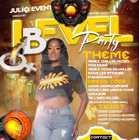 Level Party event flyer with a yellow and orange design